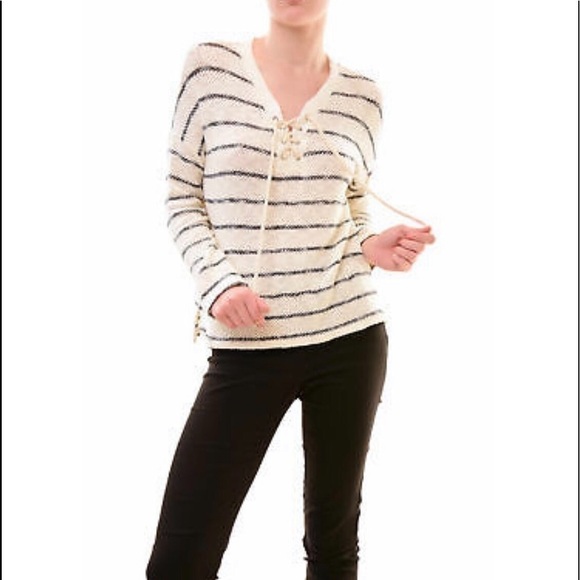 SUNDRY Striped Print Lace Up Sweater - Picture 1 of 12